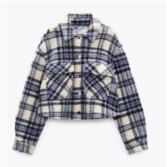 Zara Cropped blue and white Soft Flannel Jacket size M - Picture 1 of 10